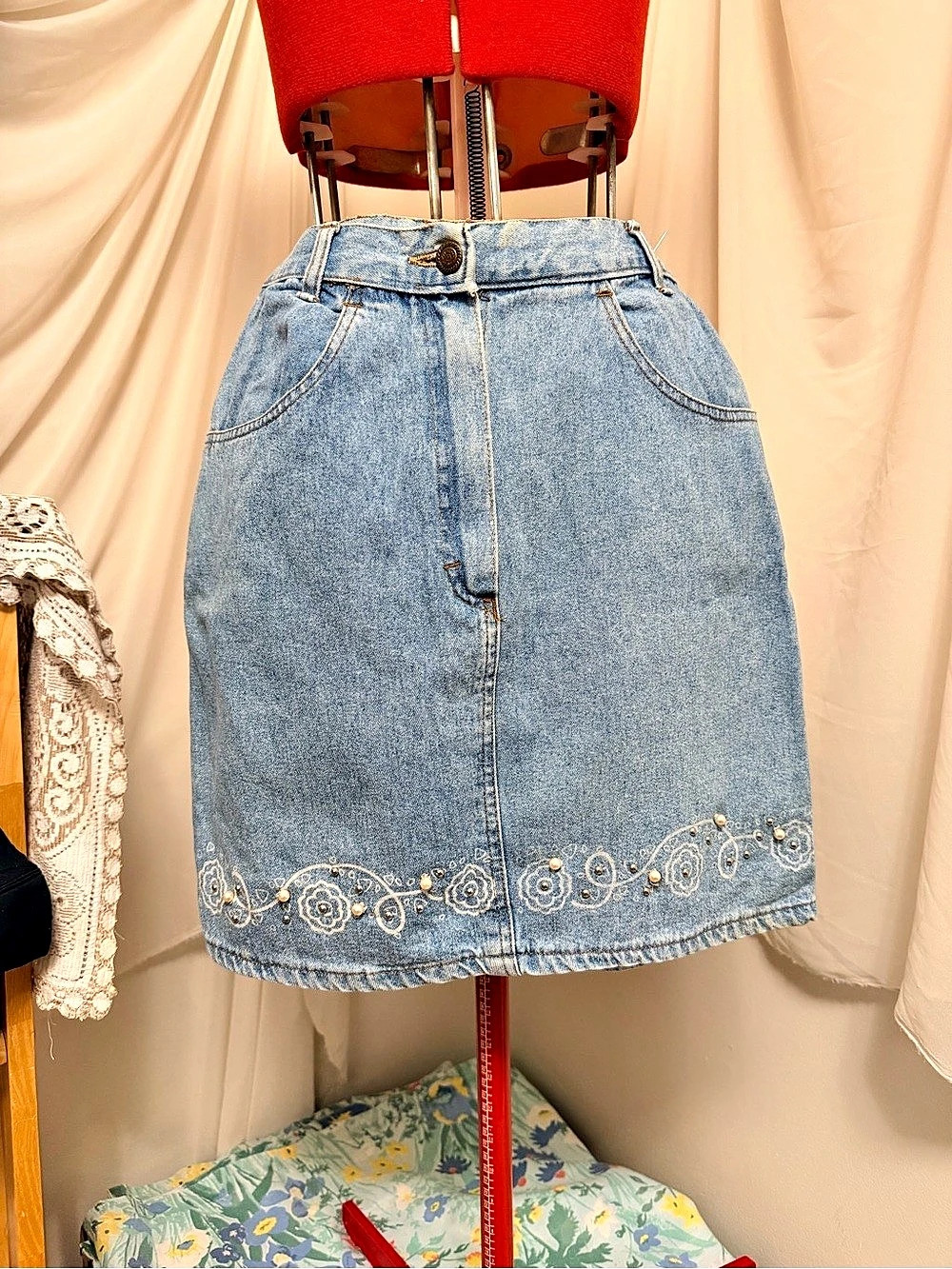 Vintage 90s Italian Denim Mini Skirt Pearl Beaded Floral Embroidery IT 44 US 2/4